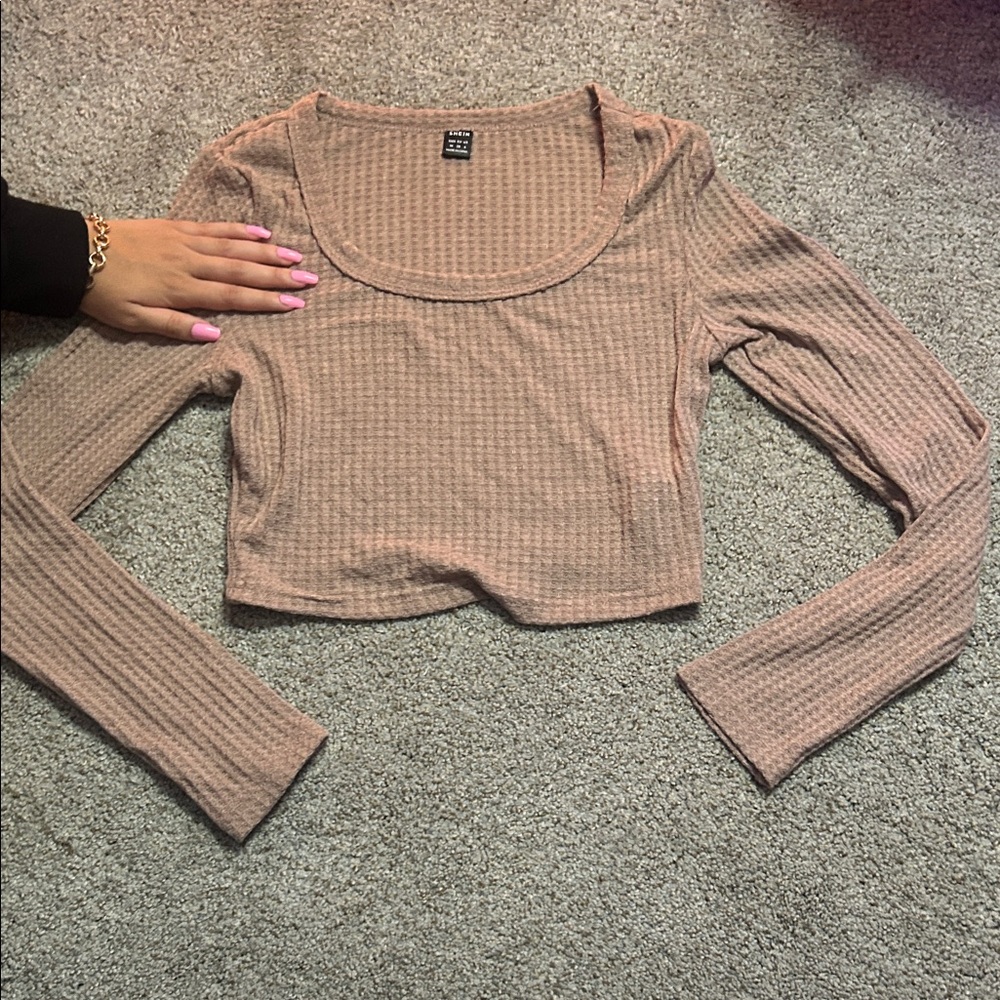 SHEIN Beige Ribbed Long Sleeve Crop Top